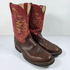 Justin Men’s Cowboy Boots Size 11 Brown Leather Western Flame Stitch Pre-Owned